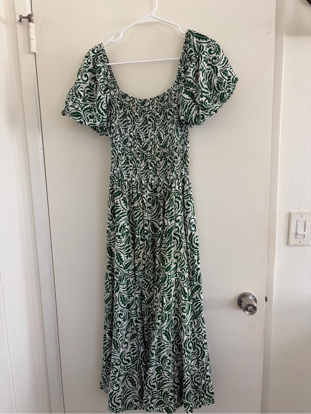 Floral-Print Smocked Maxi Dress in Green and White